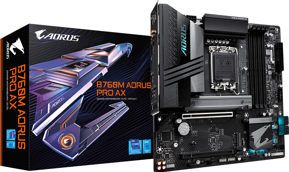 لوحة أم GIGABYTE B760M AORUS PRO AX مقاس Micro-ATX - منفذ Intel LGA1700، شريحة B760، ذاكرة DDR5، PCIe 4.0، واي فاي 6E