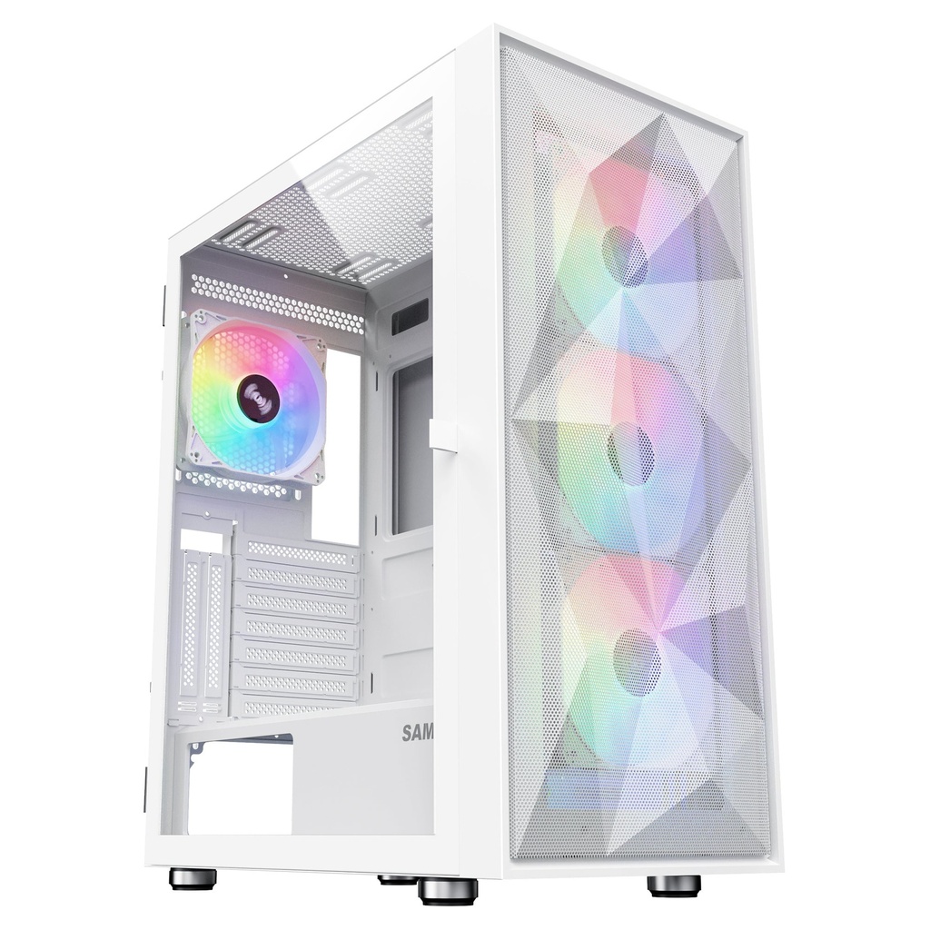 SAMA 3509 Tempered Glass Open-Door ATX Mid-Tower PC Case with 4 ARGB Fans - White