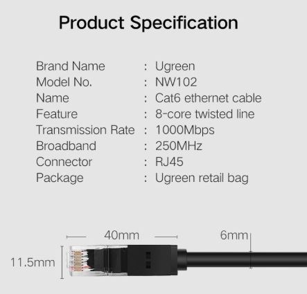 UGREEN 20165 Cat 6 U/UTP Lan Cable 15m Black