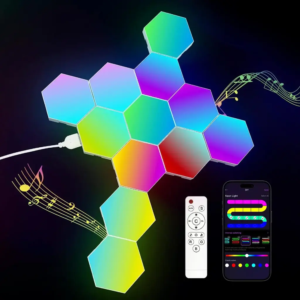 ألواح إضاءة سداسية RGB LED للحائط (طقم 12 قطعة) بتحكم عبر التطبيق والريموت ومزامنة مع الموسيقى
